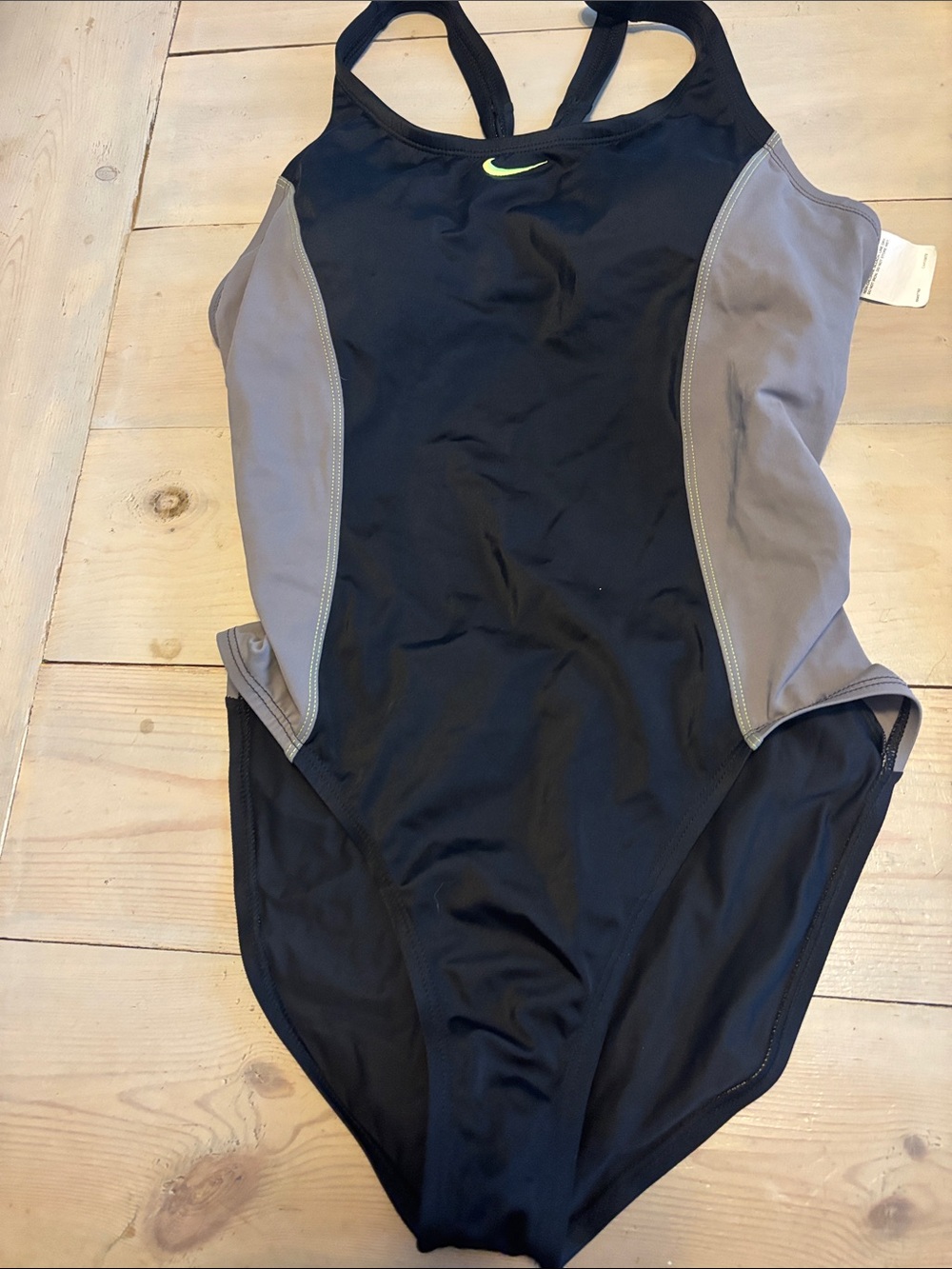 Nike Black Swimsuit-Gray Side Panels w/Neon Green Swoosh- women's size Large